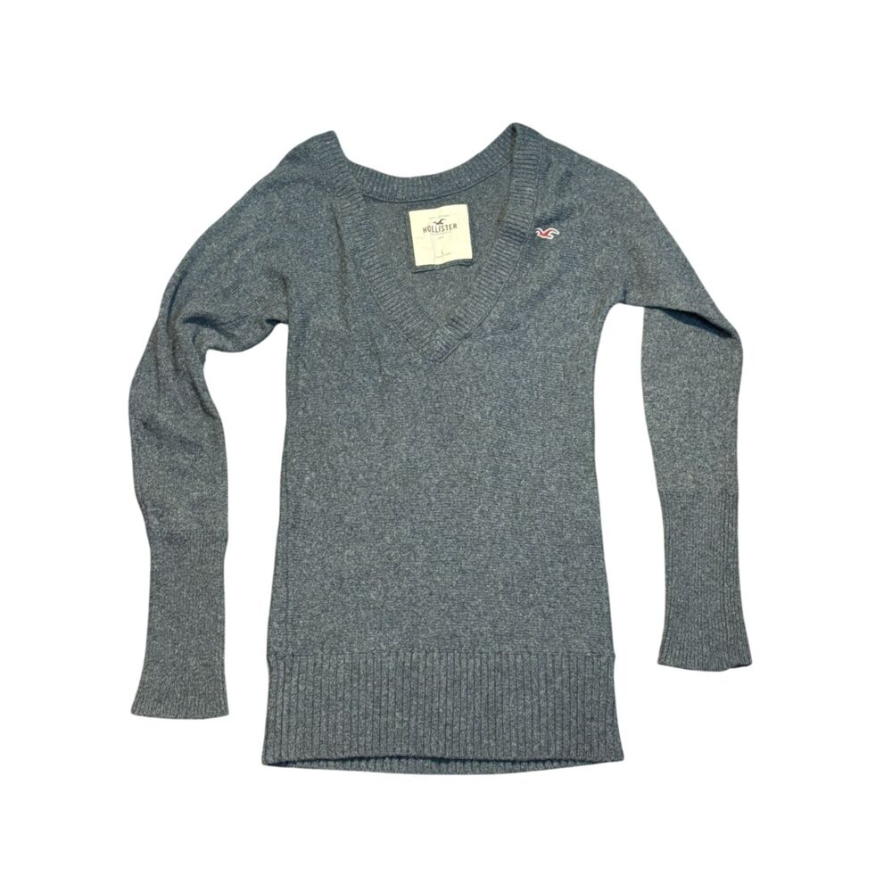 Hollister Y2K Gray knit Ribbed Trim V Neck‎ Sweater Cotton Rabbit Hair 90s sz L